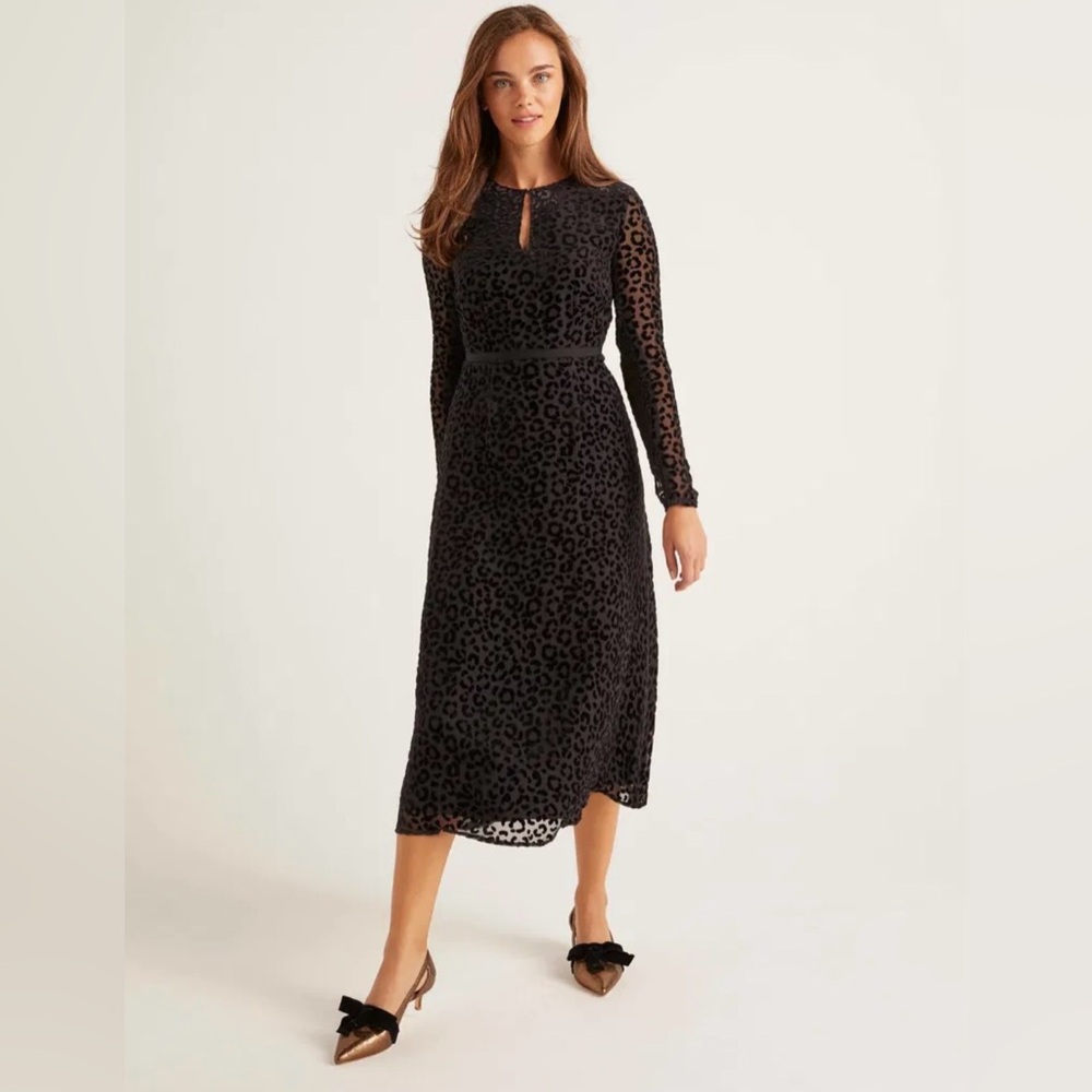 Boden Marie Devore Black Burnout Velvet Leopard Print Midi Dress 4P